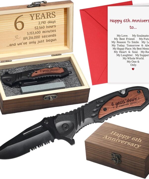 6 Years Iron Anniversary Keepsake Gifts for Him 6th Anniversary Iron Gift Engraved Pocket Folding Knife with Wood Box Customized Wedding Birthday Gifts for Men Outdoor Camping Activity