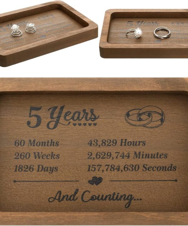 Gerrii Anniversary Wood Gift Rectangle Engraved Wooden Tray Small Jewelry Dish 5 Year Wedding Anniversary Wooden Gifts for Him Husband Wife Trinket Dish Solid Wood Jewelry Display Tray for Rings Watch
