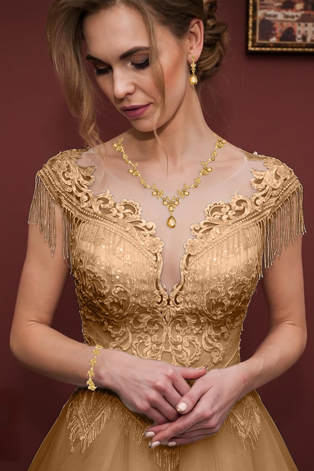 Paxuan Bridal Wedding Elegant Floral Jewelry Set for Women/Brides/Bridesmaids Crystal Jewelry Set for Wedding Prom Party Bridal Crystal Necklace Earrings Bracelet Set