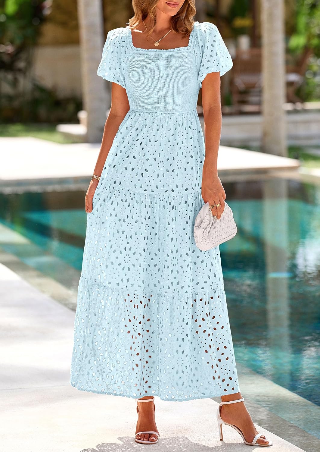 PRETTYGARDEN Summer Dresses for Women 2026 Eyelet Square Neck Puff Sleeve Smocked Wedding Guest Maxi Dress with Pockets