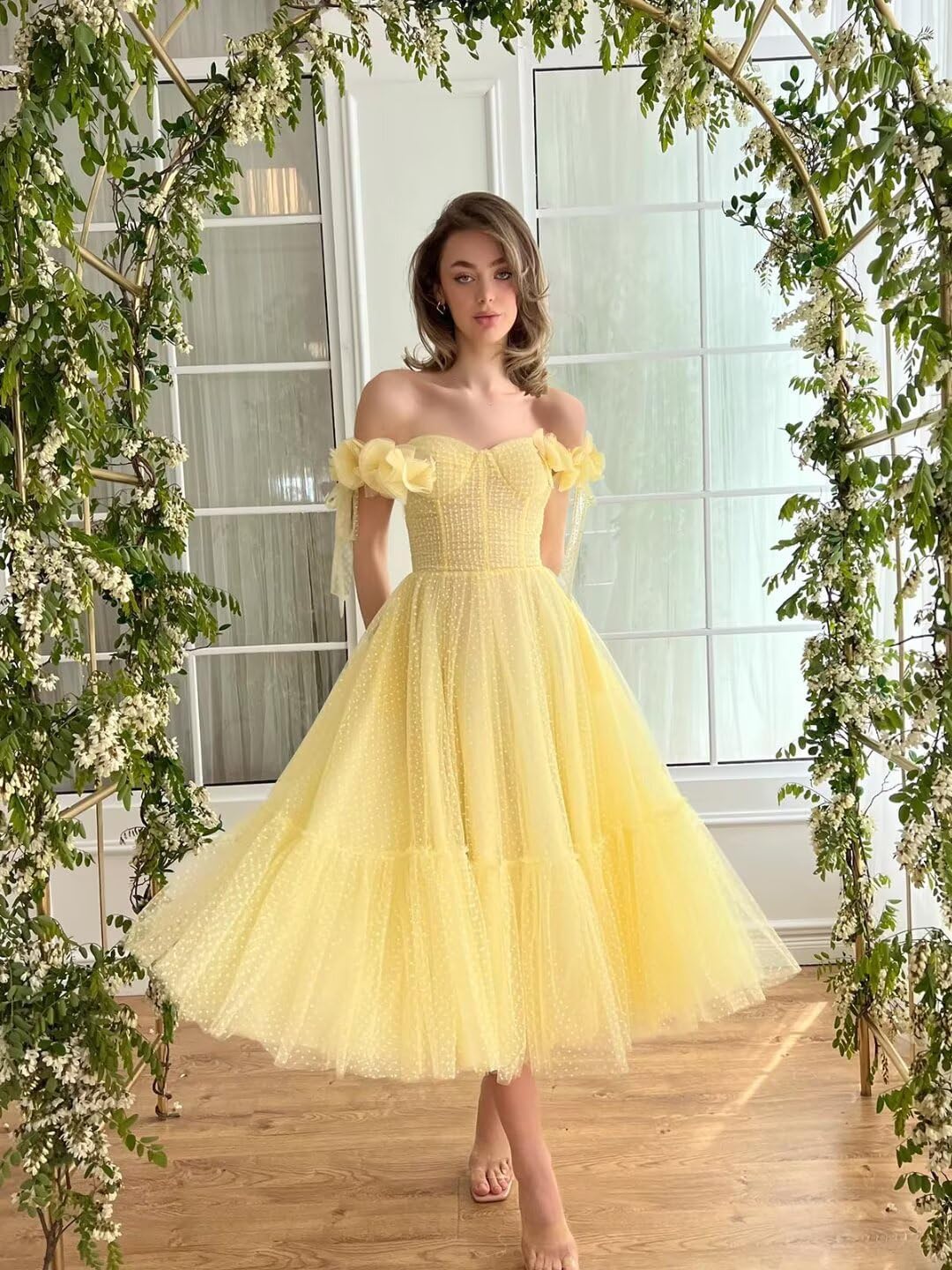 Dotted Tulle Off Shoulder Prom Dress for Women Sweetheart Midi Puffy Formal Party Gowns