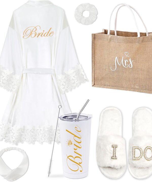 EPLAZA 6 Pcs Bride Robe for Wedding Day Set Bridal Robe with Slippers Tumbler Tote Lace Trim Wedding Robes for Bachelor Party