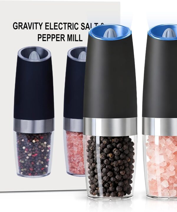 Gravity Electric Salt and Pepper Grinder set of 2, Automatic Salt And Pepper Grinder Set, Adjustable Roughness, Battery Powered, LED Light, 2 Pack, (Black)