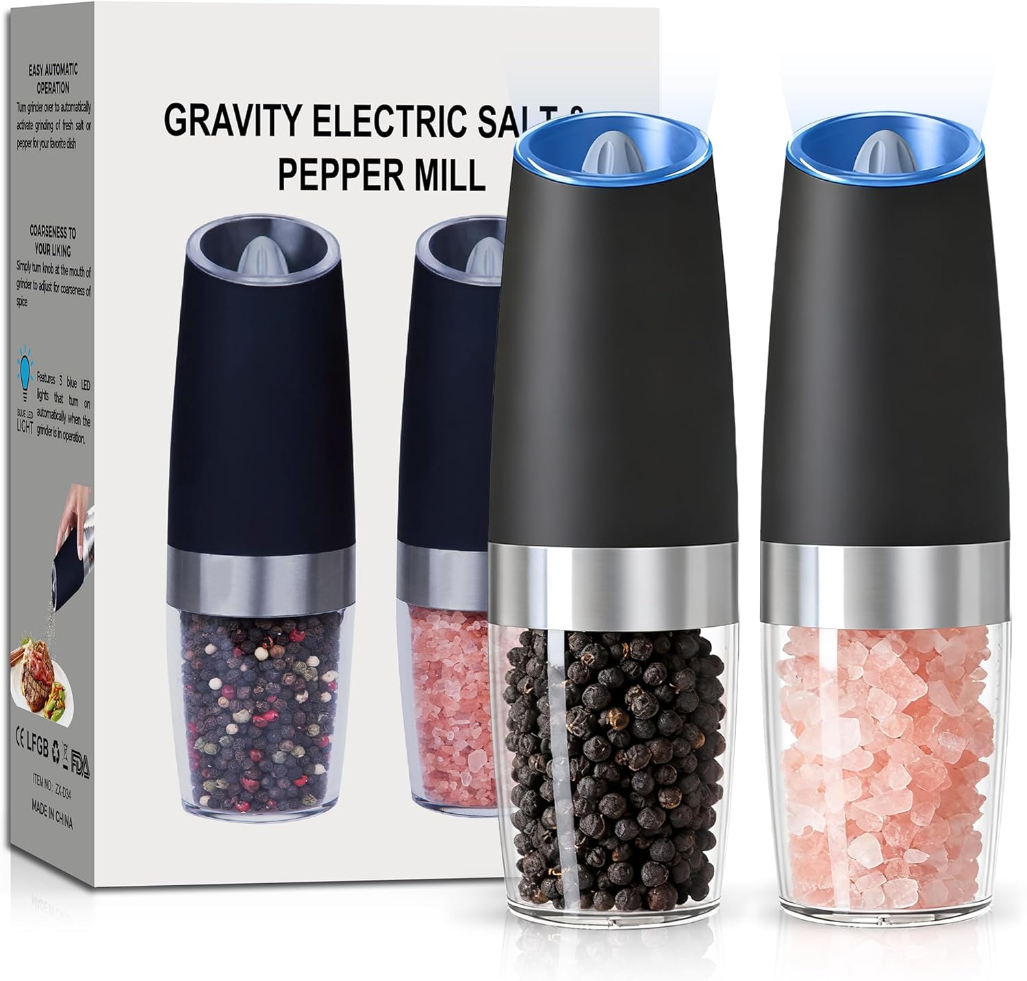 Gravity Electric Salt and Pepper Grinder set of 2, Automatic Salt And Pepper Grinder Set, Adjustable Roughness, Battery Powered, LED Light, 2 Pack, (Black)