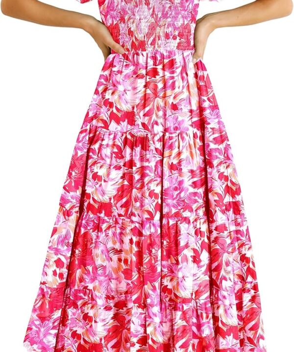 PRETTYGARDEN Women's Casual Summer Midi Dress Puffy Short Sleeve Square Neck Smocked Tiered Ruffle Dresses