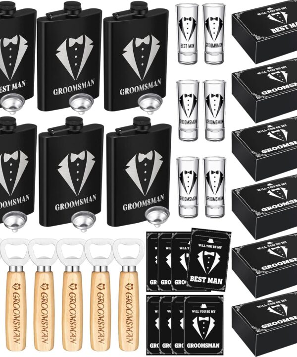 Yaomiao 30 Pcs Groomsmen Gift for Wedding, Including 6 Pcs 8 oz Groomsmen Flask 6 Wooden Bottle Opener 6 Party Favors Shot Glasses 6 Boxes Empty 6 Proposal Cards Best Man Gift
