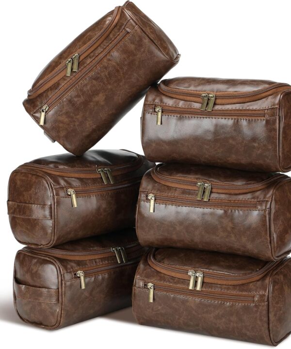 Aliceset 6 Pcs Groomsmen Gift Groomsmen Toiletry Bags Set of 6 Leather Toiletry Bag for Men with Hook Leather Wedding Proposal Bag with Side Handle Father Gift(Dark Brown)
