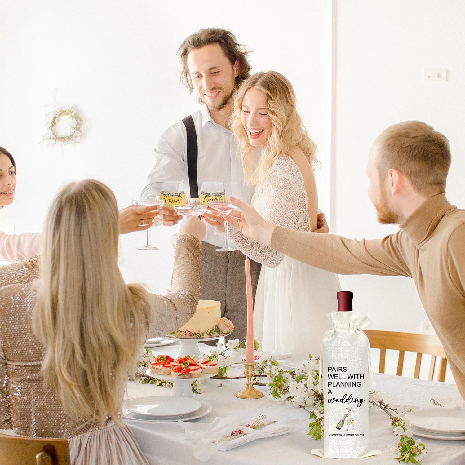 Engagement Gifts For Couples, Newly Engaged Fiance Gifts For Her Him Women Men, Future Mrs Just Enagaed Wine Glasses Bag Set With Candle And Ornament, Cool Wedding Party Decorations for Bride To Be