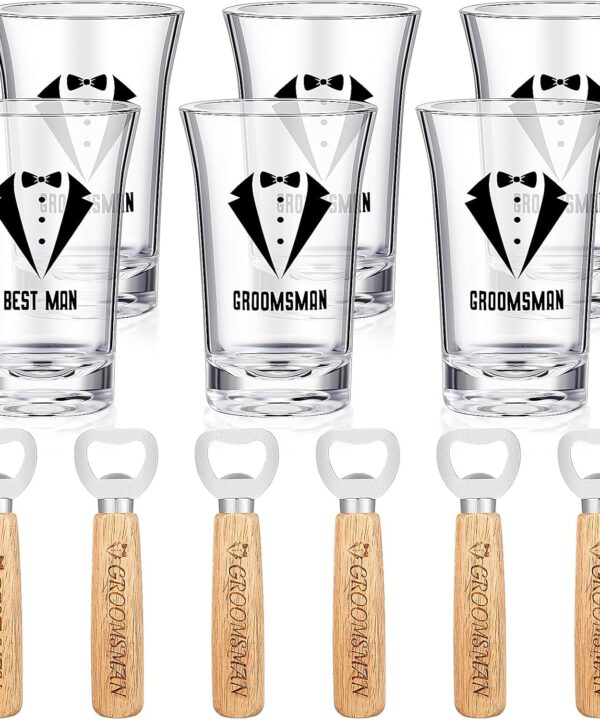 12 Pcs Groomsmen Shot Glasses and Beer Bottle Opener Set Include 6 Best Man Shot Glasses and 6 Bottle Opener Bulk Groomsman Proposal Gifts for Wedding Favor