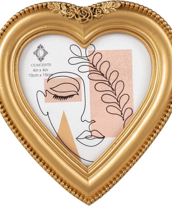 Concepts 4x4 Gold Beaded Resin Heart Shaped Picture Frame With HD Clear Glass, Extra Durable Photo Frames -Tabletop Display (Gold, 4x4)