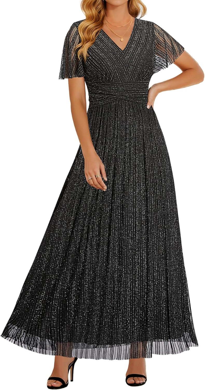 Pinup Fashion Women Plus Size Formal Dresses - Evening Gowns Long Sleeve Wedding Guest Glitter Prom Long Dress