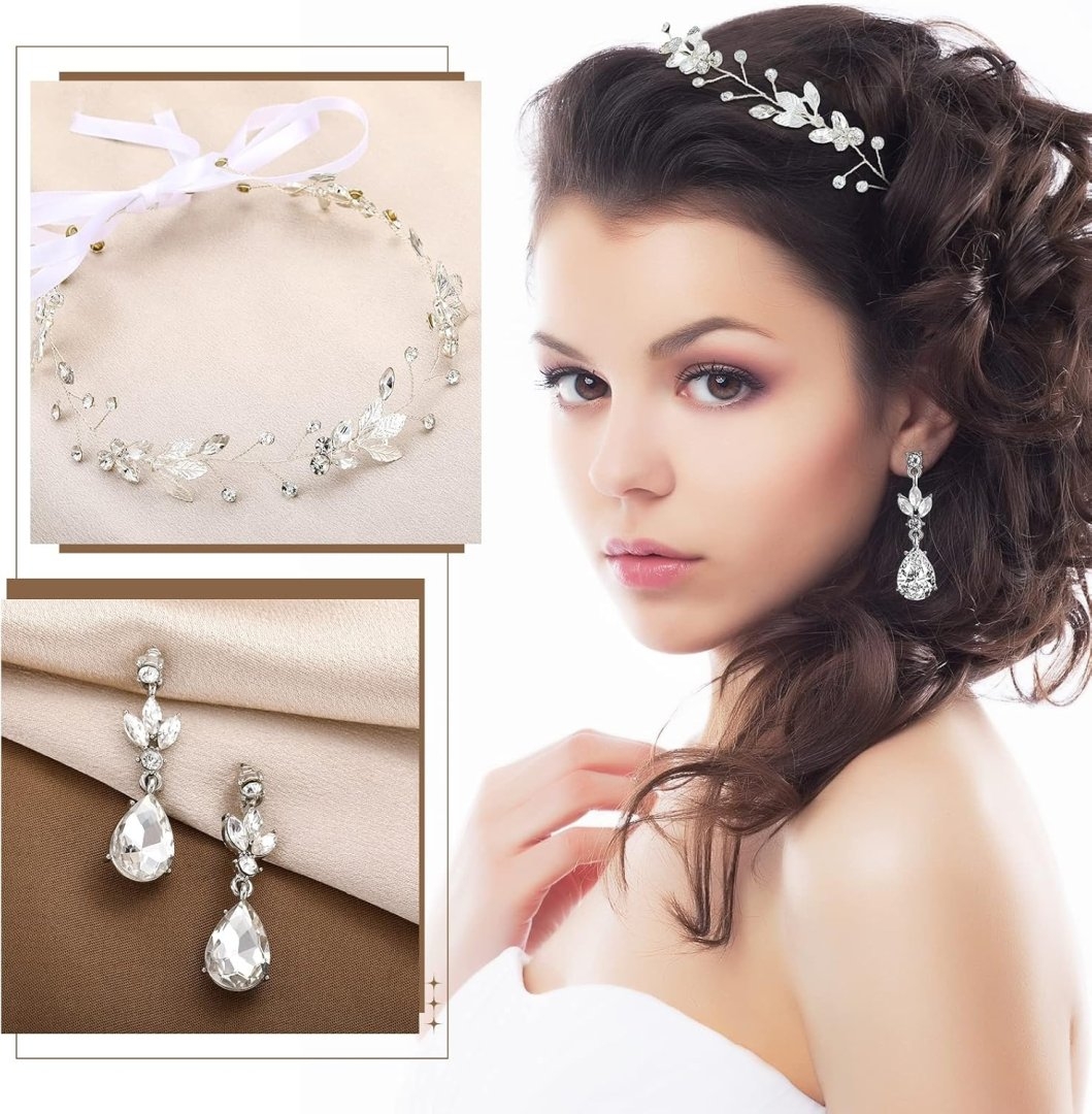 Henoyso 5 Pcs Bride Jewelry Set Rhinestone Necklace Earrings Bracelet Headpieces Sets for Wedding Bridal Party Prom Costume