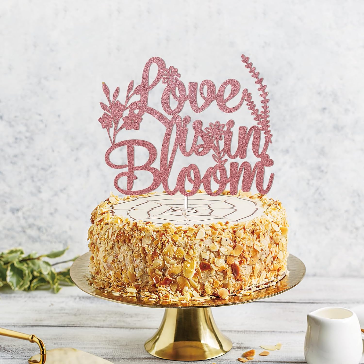 Love is in Bloom Cake Topper – Floral Bridal Shower Decor, Wildflower Themed Bridal Shower Engagement Wedding Party Decorations Rose Gold Glitter