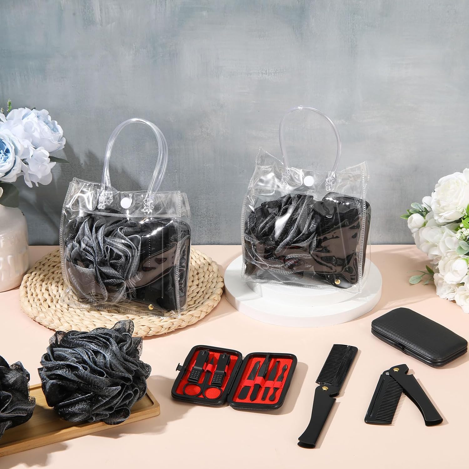6 Sets Baby Shower Game Gifts for Winners Men Proposal Groomsmen Gifts Include Manicure Set Tote Bag Beard Comb Black Bath Loofah Baby Shower Favors Prizes for Guests Husband Father