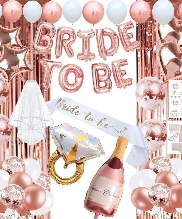 EFAILY Bachelorette Party Decorations - Rose Gold Bridal Shower Party Decor and Supplies Kit Bride To Be Sash, Veil, Temporary Tattoos, Confetti Balloons Pack Fringe Curtain.