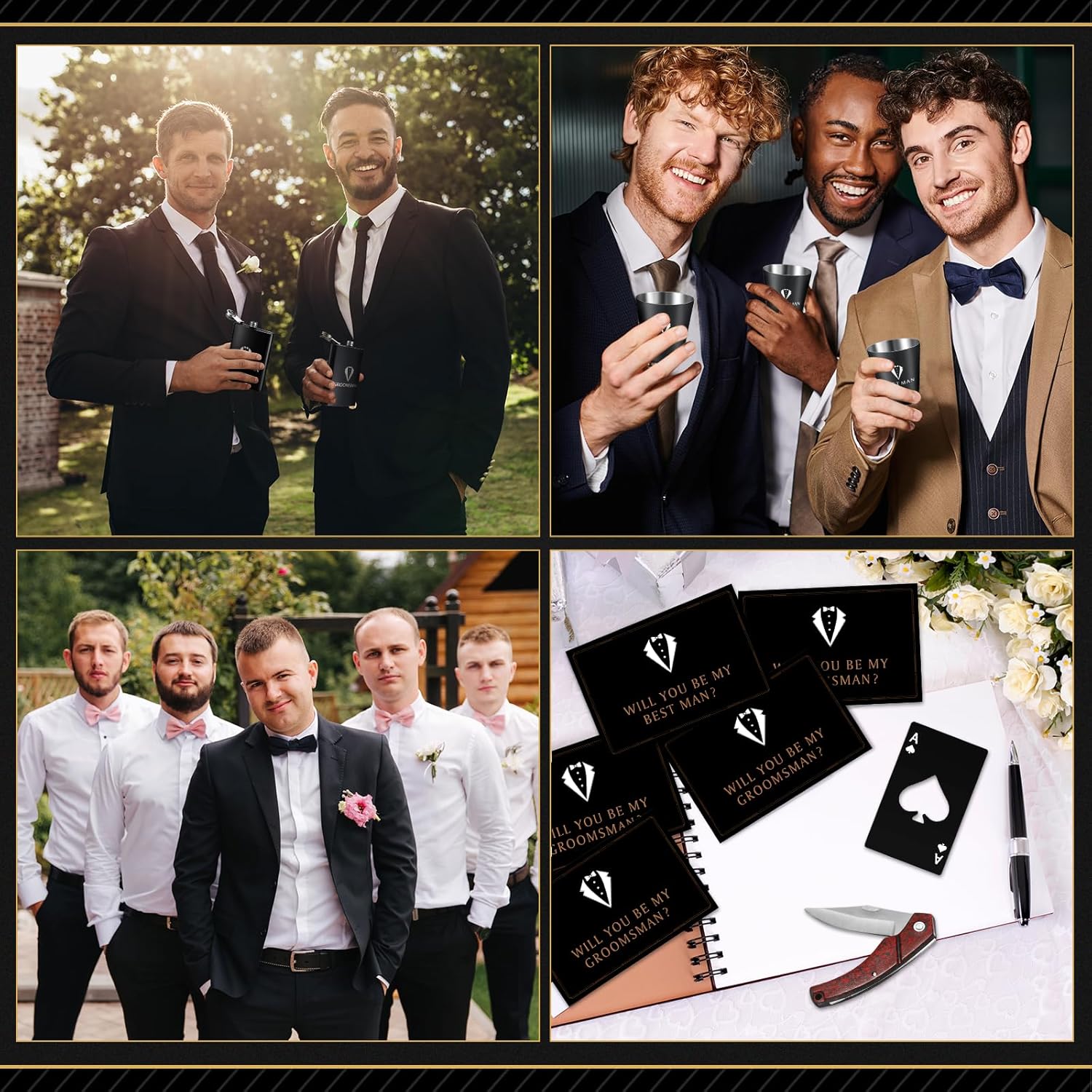 50Pcs Groomsmen Gifts Groomsmen Proposal Box with Flasks Sunglasses PU Leather Toiletry Bag Bottle Opener for Wedding Groomsman Best Man Gift (Black)