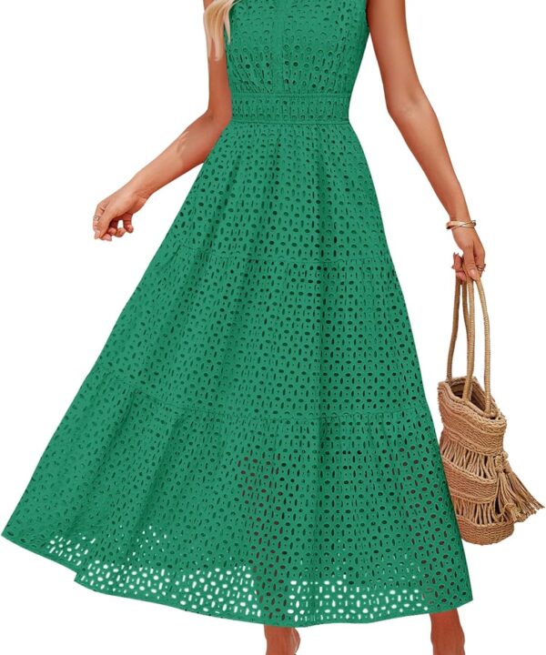 ZESICA Women's 2026 Summer Sleeveless Maxi Dress Casual V Neck Hollow Out Eyelet A Line Flowy Party Long Dresses