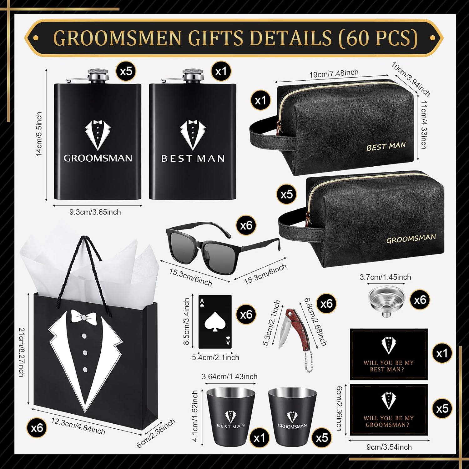 60Pcs Groomsmen Gifts Set of 6, Groomsmen Proposal Box with Flasks Sunglasses PU Leather Toiletry Bag Bottle Opener for Wedding Groomsman Best Man Gift (Black)