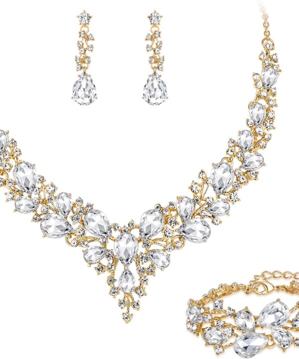 BriLove Wedding Bridal Jewelery for Women Austrian Crystal Teardrop Cluster Statement Necklace Dangle Earrings Link Bracelet Set