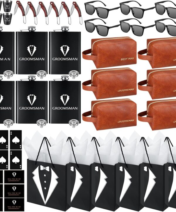 60Pcs Groomsmen Gifts Set of 6, Groomsmen Proposal Box with Flasks Sunglasses PU Leather Toiletry Bag Bottle Opener for Wedding Groomsman Best Man Gift