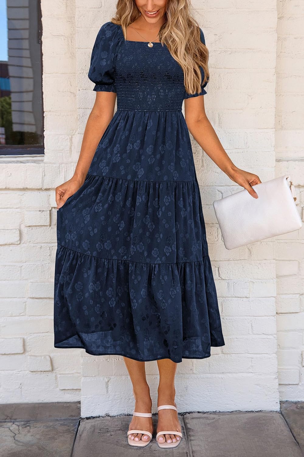 PRETTYGARDEN Womens 2026 Summer Casual Midi Dresses Square Neck Short Sleeve Smocked A Line Floral Flowy Elegant Boho Dress