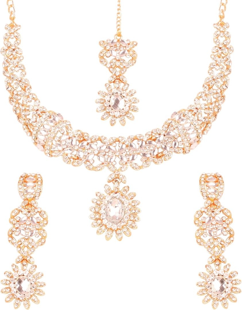 Touchstone Indian jewelry sets for women wedding gold kundan necklace traditional earrings tikka bollywood party style white crystal rhinestone guest gift bridal costume prom dainty accessories