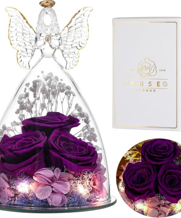 Ocosy Mothers Day Rose Gifts for Her, Large Angel Rose Gifts for Women, Forever Real Roses in Figurines, Guardian With Roses Flower, Purple White