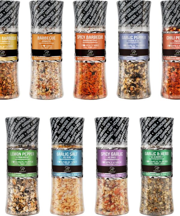 Soeos Spice Seasoning Set of 9 with Integrated Grinders, Individual Spice Grinder, Pure and Fresh Perfect for BBQ Seasoning Gift Set, Grilling Spice, Pepper Grinder,colorful