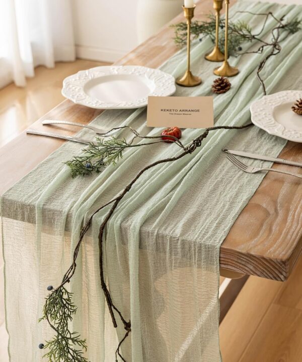 Keketoarrange Sage Green Spring Easter Cheesecloth Table Runner 120 Inch 10 FT Rustic Boho Cheese Cloth Runner for Wedding Baby Shower Bridal Shower Sheer Gauze Centerpiece Home Decorations