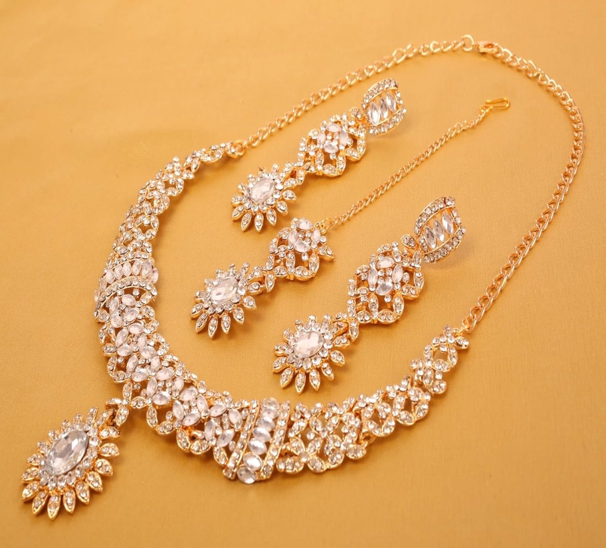 Touchstone Indian jewelry sets for women wedding gold kundan necklace traditional earrings tikka bollywood party style white crystal rhinestone guest gift bridal costume prom dainty accessories