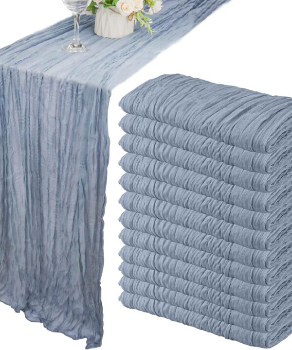 12 Pack 10Ft Cheesecloth Table Runner 35x120 Inch Boho Gauze Table Runner Rustic Cheese Cloth Long Romantic Table Runners for Wedding Bridal Shower Birthday Party Table Decor (Dusty Blue)