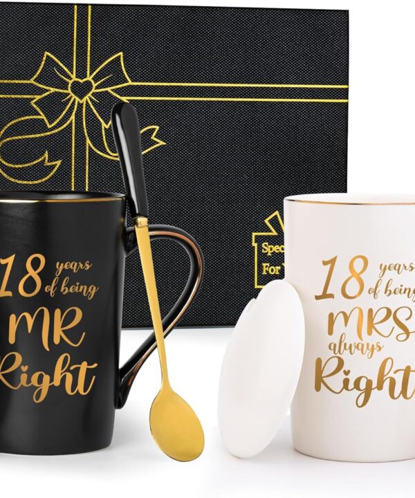 18th Wedding Gifts, 18th Anniversary Engagement Gift Ideas, 18 Years of Being Mr & Mrs Always Right Mug Set, Wedding Gifts Ideas for Couple Parents, 14 Oz with Lids and Gift Box