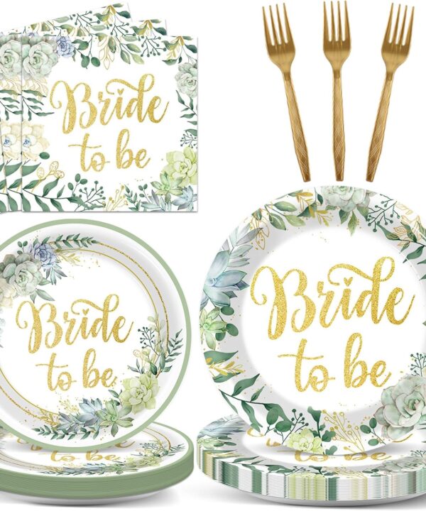 96Pcs Bridal Shower Decorations - Sage Green Bride to Be Paper Plates, Napkins, Wedding Shower Tableware Set - Green Plants Dinnerware for Engagement, Bachelorette Party Supplies - Serves 24