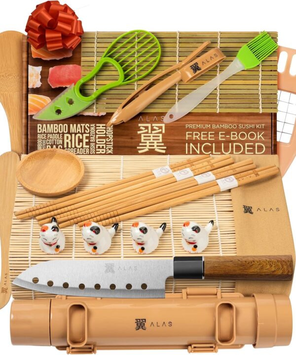 Alas Complete 20 Piece Sushi Making Set - Kit for Beginners & Pros with Knife, 2 Mats, Rice Bazooka and Dipping Plate