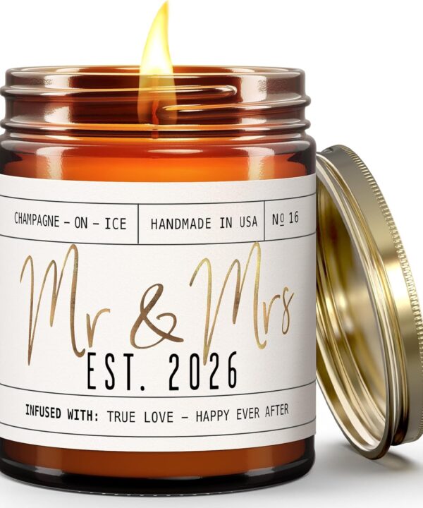 Wedding Gifts for Couples 2026, Bridal Shower Gifts from Bride - 'Mr and Mrs Est. 2026 Candle, w/Champagne on Ice I Wedding Shower for Newlyweds I 50Hr Burn, USA Made