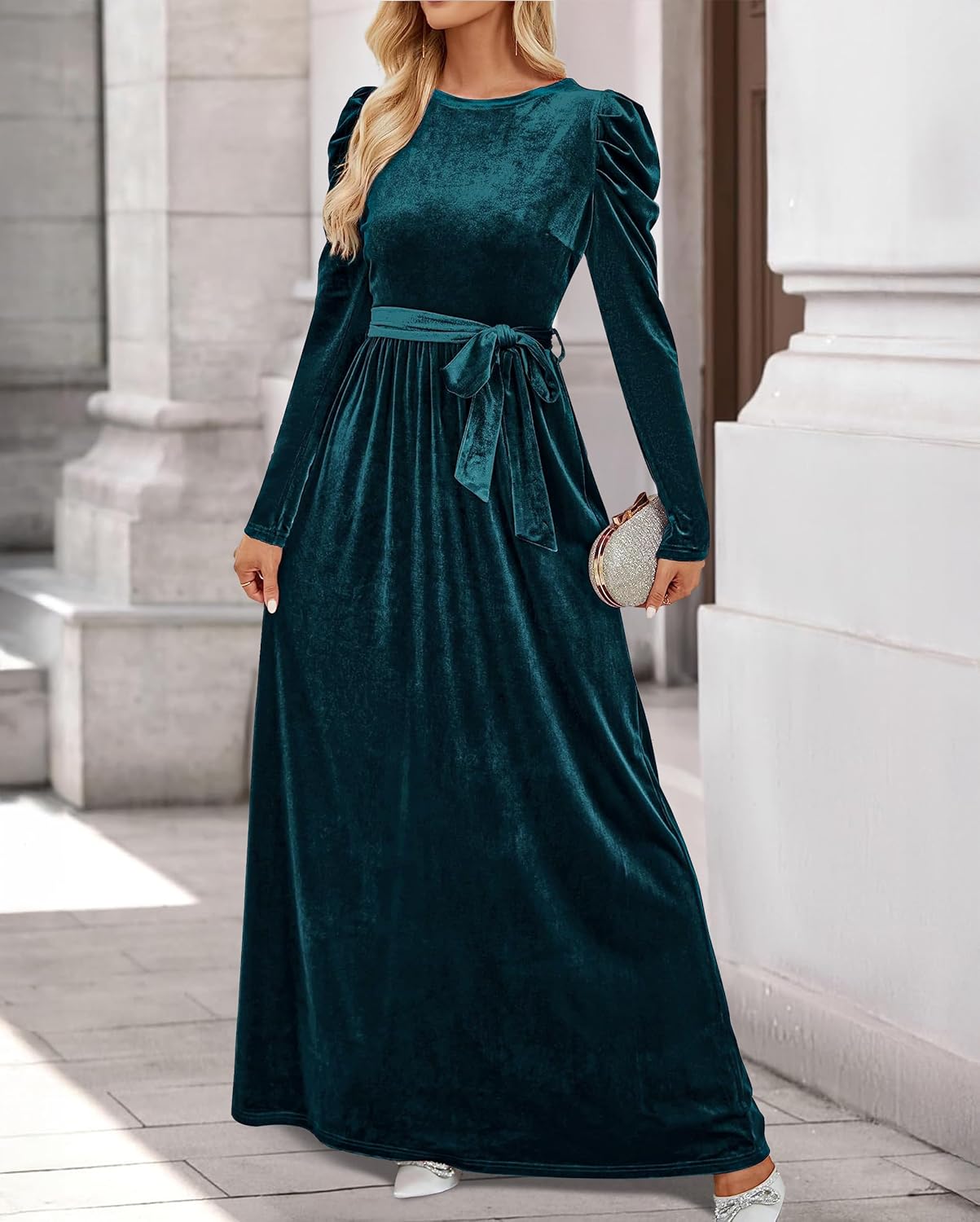 ZESICA Womens Velvet Maxi Dress Fall 2026 Long Puff Sleeve Crew Neck Elastic High Waist Cocktail Party Bridesmaid Dresses