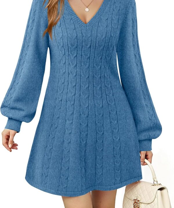 VAFOLY Womens V Neck Long Sleeve Cable Knit Fall Dresses Elegant Babydoll Sweater Dress