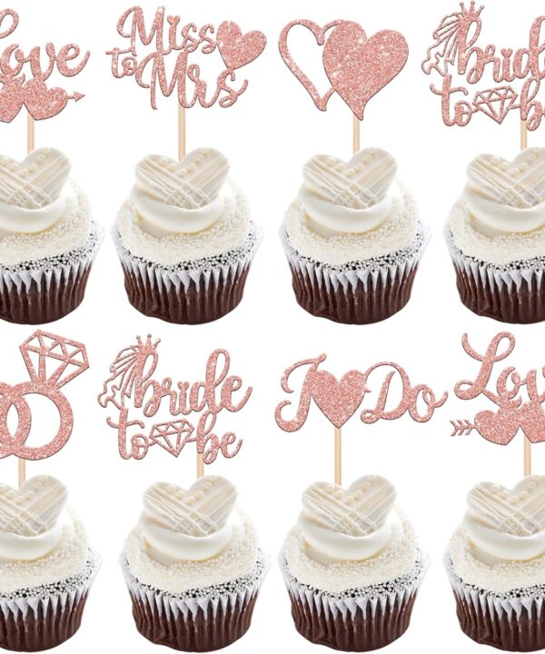 36 Pack Bridal Shower Cupcake Toppers Glitter Diamond Ring, Love I Do Cupcake Picks Miss to Mrs Bridal Shower Wedding Engagement Bachelorette Party Cake Decorations Supplies Rose Gold