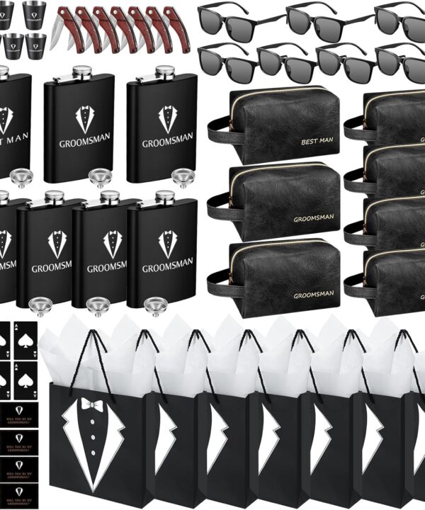 70Pcs Groomsmen Gifts Groomsmen Proposal Box with Flasks Sunglasses PU Leather Toiletry Bag Bottle Opener for Wedding Groomsman Best Man Gift (Black)