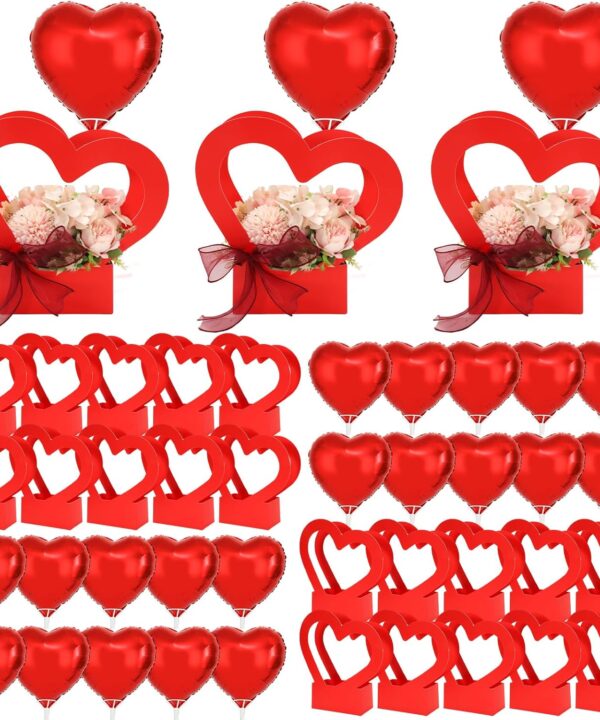 FYSUIMU 20 Sets Mother's Day Heart Shaped Flowers Boxes Flower Gift Bag with Heart Foil Balloon 2 Ribbon Red Paper Bouquet Florist Wrap Box with Handle for Wedding Birthday Party Floral Packaging