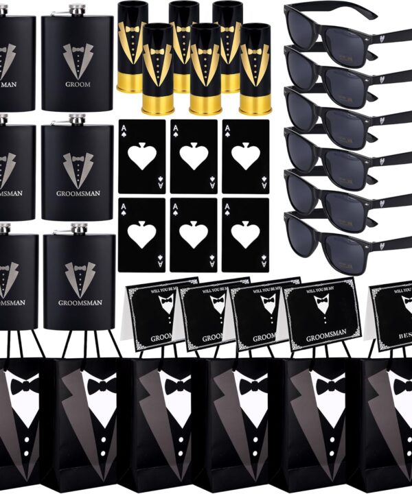 35 Pieces Groomsmen Gifts Set:6 Tuxedo Flask 6pcs Bottle Opener 6 Groomsmen Gauge Glasses 6 Sunglasses 5 Card 6 Gift Bags for Wedding Bachelor Party