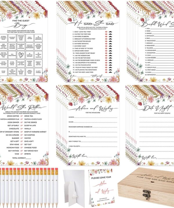 Bridal Shower Games Set for 50 Guests Includes Bingo, He Said She Said, Scramble, Would She Rather, Advice and Wishes Wedding Games Double Sided with Wooden Box, 20 Pencils(Wildflowers)