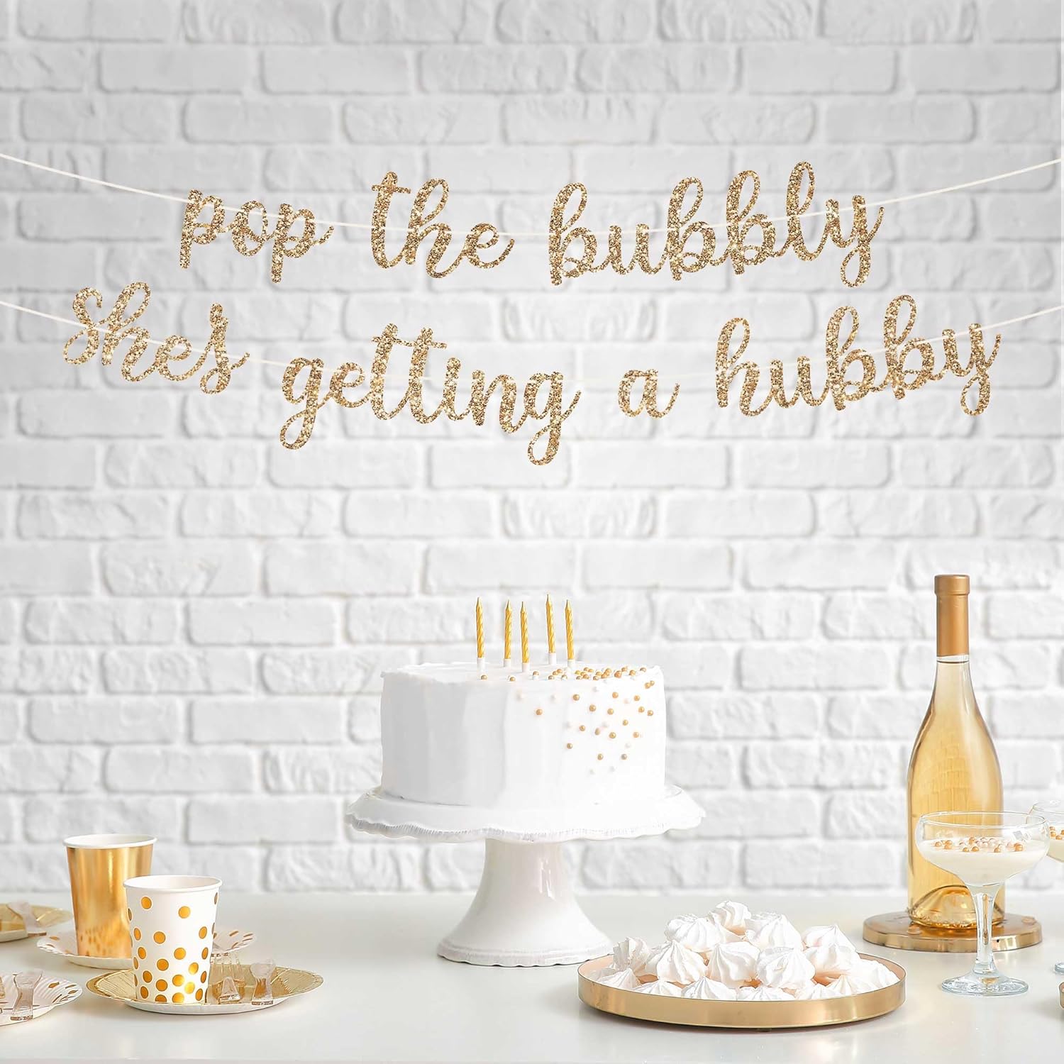 Pre-strung Pop the Bubbly Shes Getting a Hubby Banner – No DIY – Gold Glitter Bachelorette Bridal Party Banner – Pre-strung on 8 ft Strand – Bachelorette Party Decorations. Did We Mention No DIY