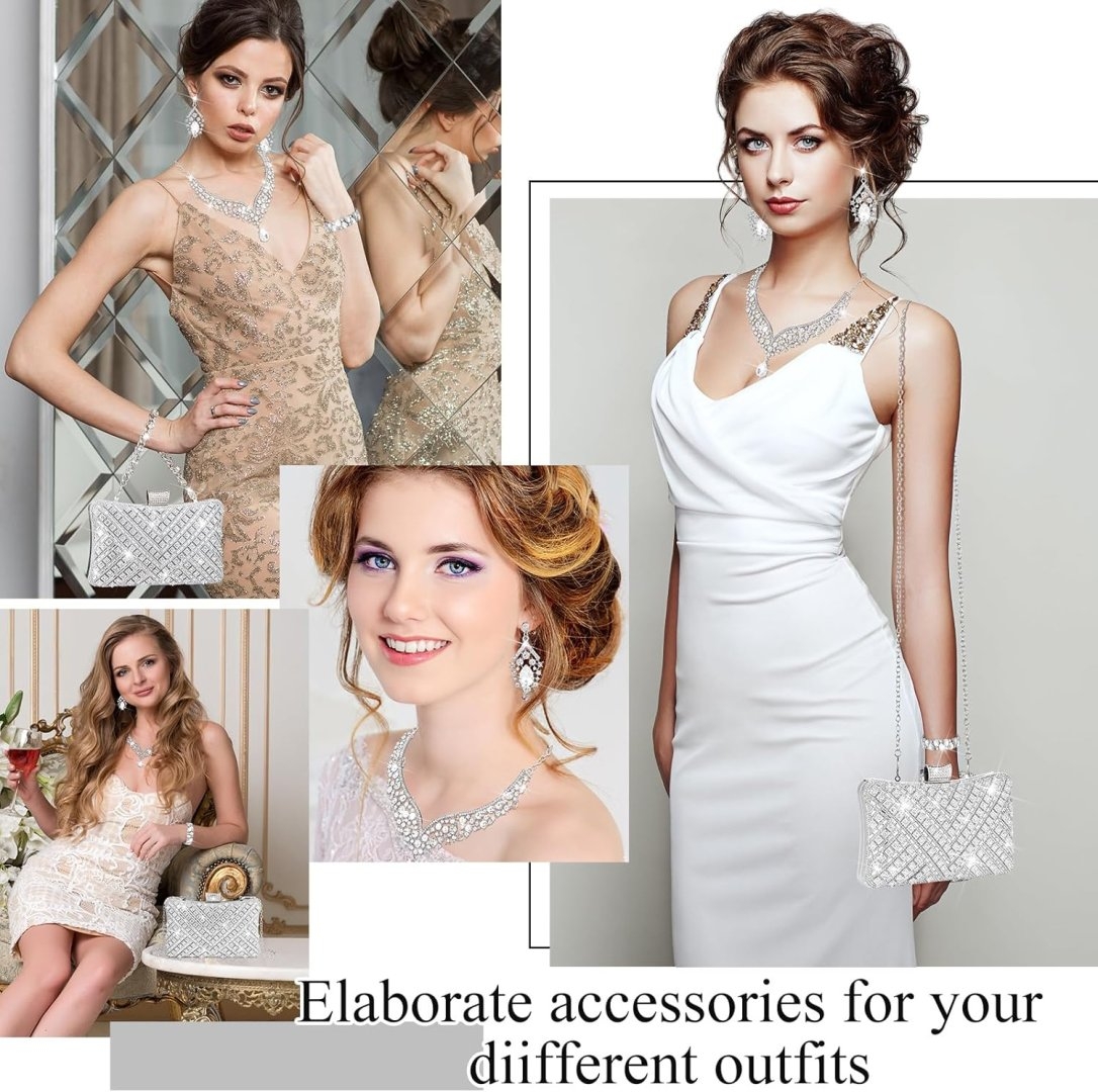Quelay 4 Pcs Purse Rhinestone Jewelry Set for Wedding Bridal Women Handbag with Necklace Bracelet Dangle Earrings