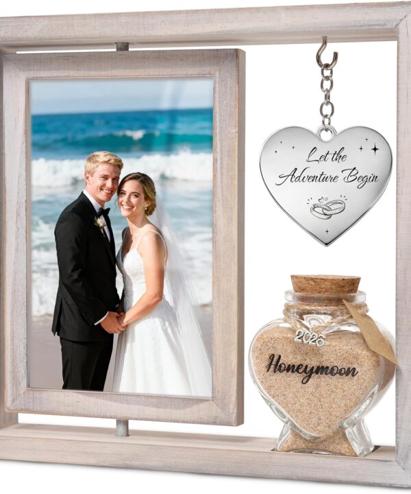 Wedding Gifts for Couples  360 Rotating Double-Sided Picture Frame with Honeymoon Sand Keepsake Jar, Holds Two 4x6 Photos, Ideal for Bridal Shower, Mr & Mrs Engagement and Newlywed Gift Set (Let the adventure begin-White)