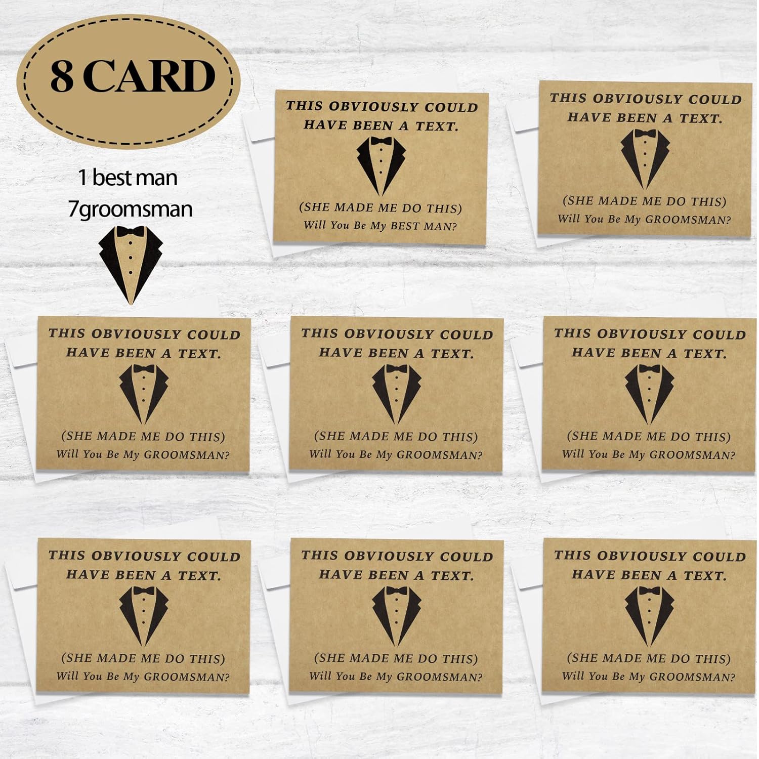 Teling 8 Pieces Groomsmen Proposal Gift Proposal Cards 7 Pieces Will You Be My Groomsman Funny Cards and 1 Will You Be My Best Man Card for Wedding Party Supplies(Khaki Background)