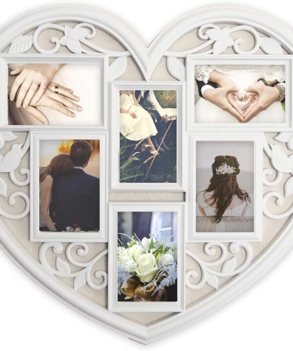 JOICE GIFT White Wall Large Hanging Heart Shape Collage Picture Frame 6 Opening 4" x 6"
