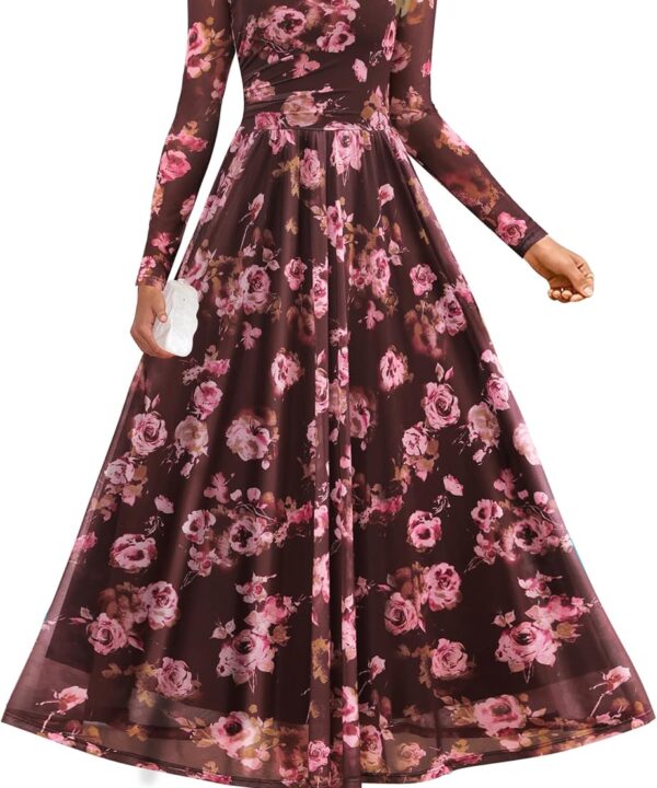 ZESICA Women's Maxi Dress 2026 Spring Long Sleeve Crewneck Floral Print Mesh Ruched Party Wedding Guest Dresses