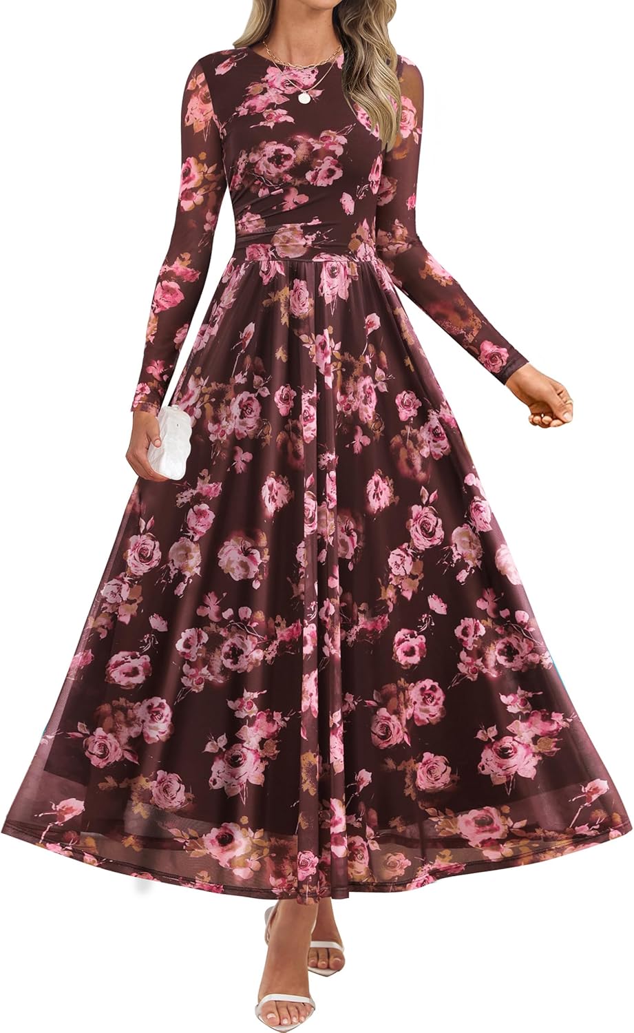 ZESICA Women's Maxi Dress 2026 Spring Long Sleeve Crewneck Floral Print Mesh Ruched Party Wedding Guest Dresses