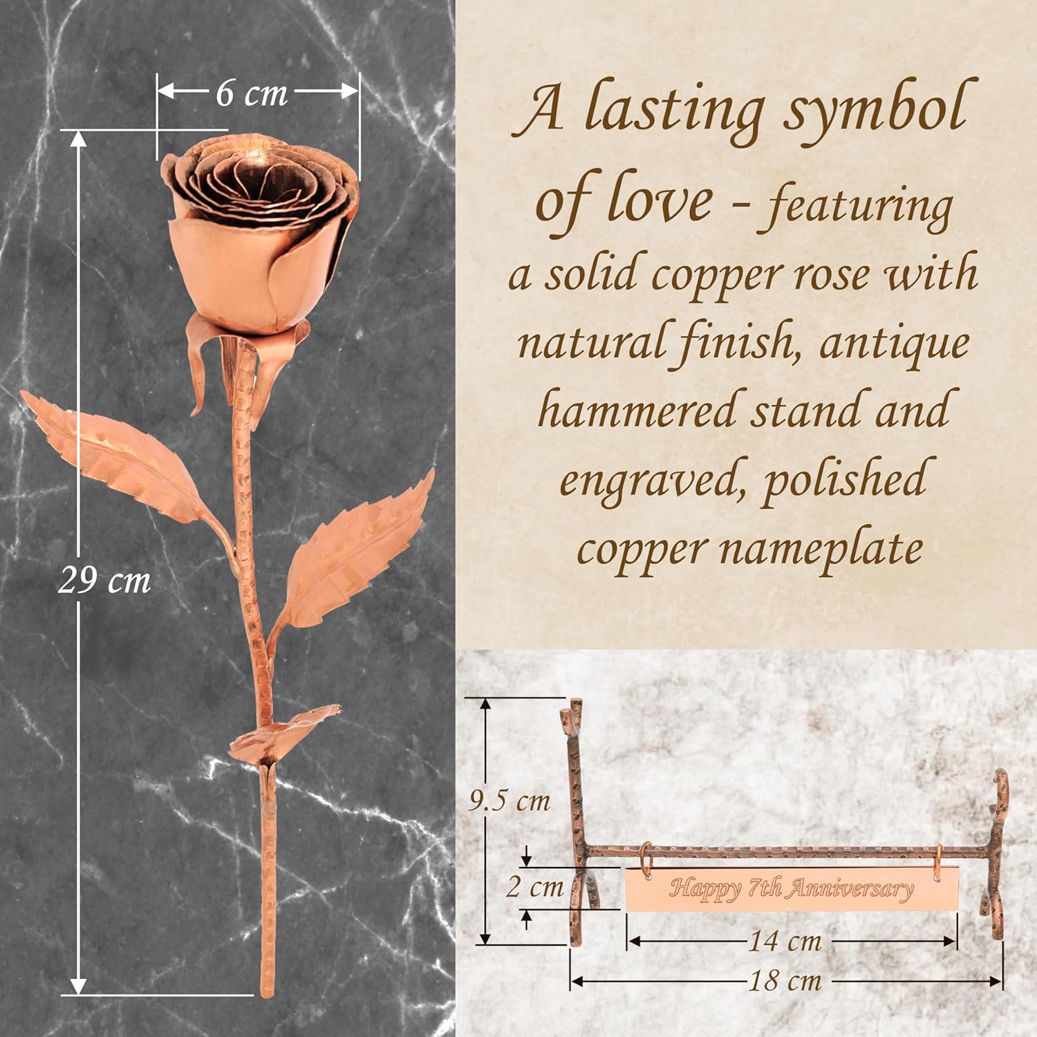 Copper Rose with Stand & Engraved Plate Happy 7th Anniversary – 7th Wedding Anniversary Decor for Wife, Him or Her – Traditional Copper Gift Keepsake